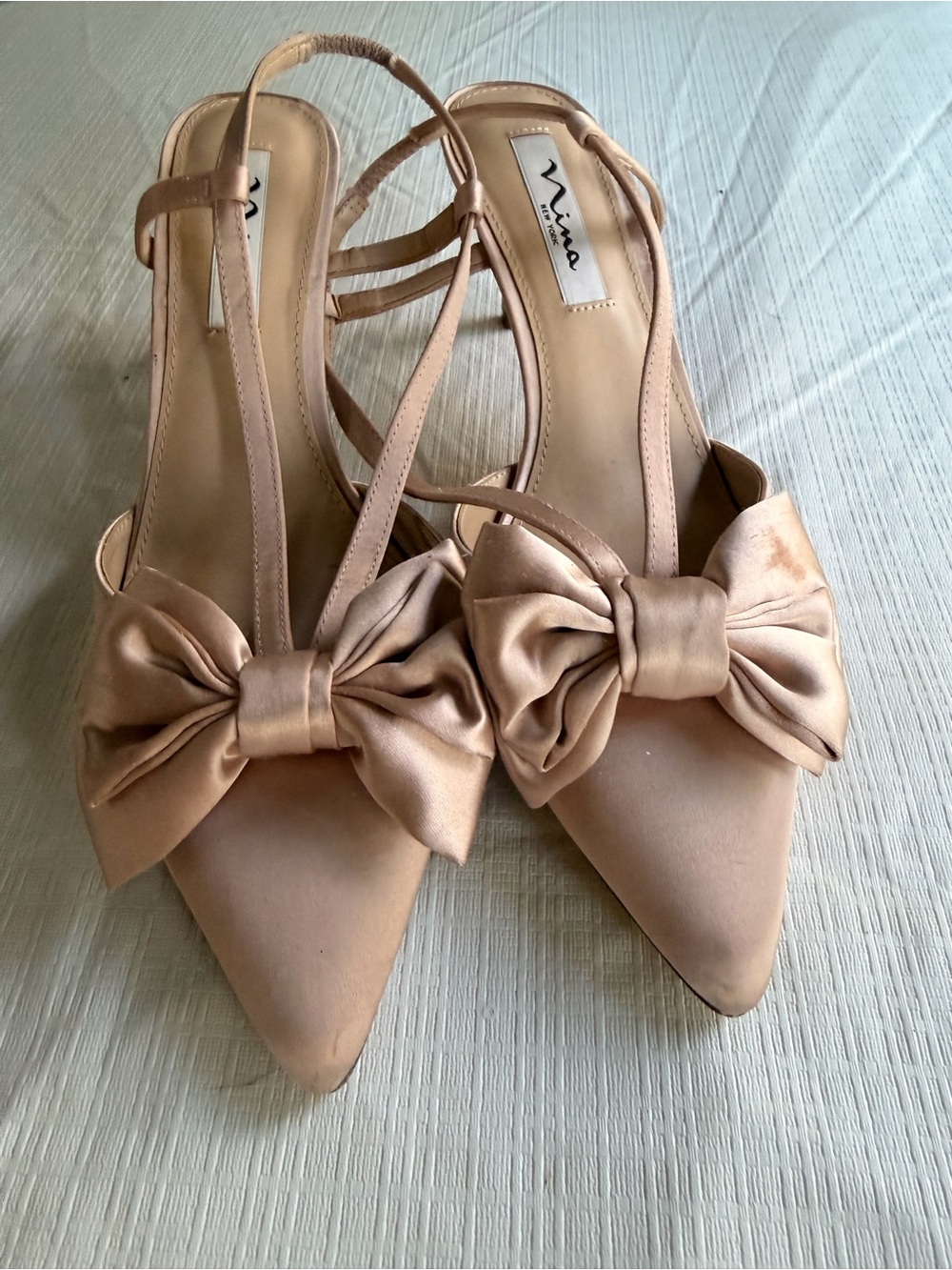 Nina Satin Pointed-Toe Slingback Heels with Bow in Blush Nude